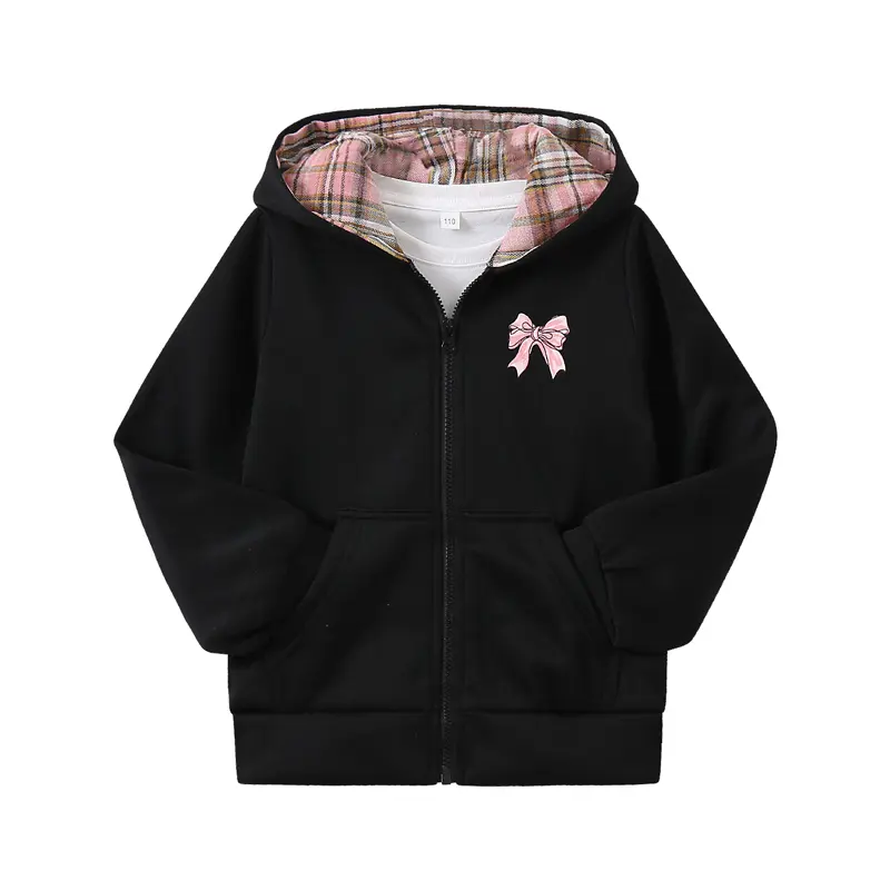 #backtoschool Autumn and winter new girls' sweet pink bow print hooded jacket with contrasting pink-brown plaid hood lining, long sleeves, zipper, pockets, loose and casual cardigan, versatile hooded sweatshirt for everyday outings Kids' clothes