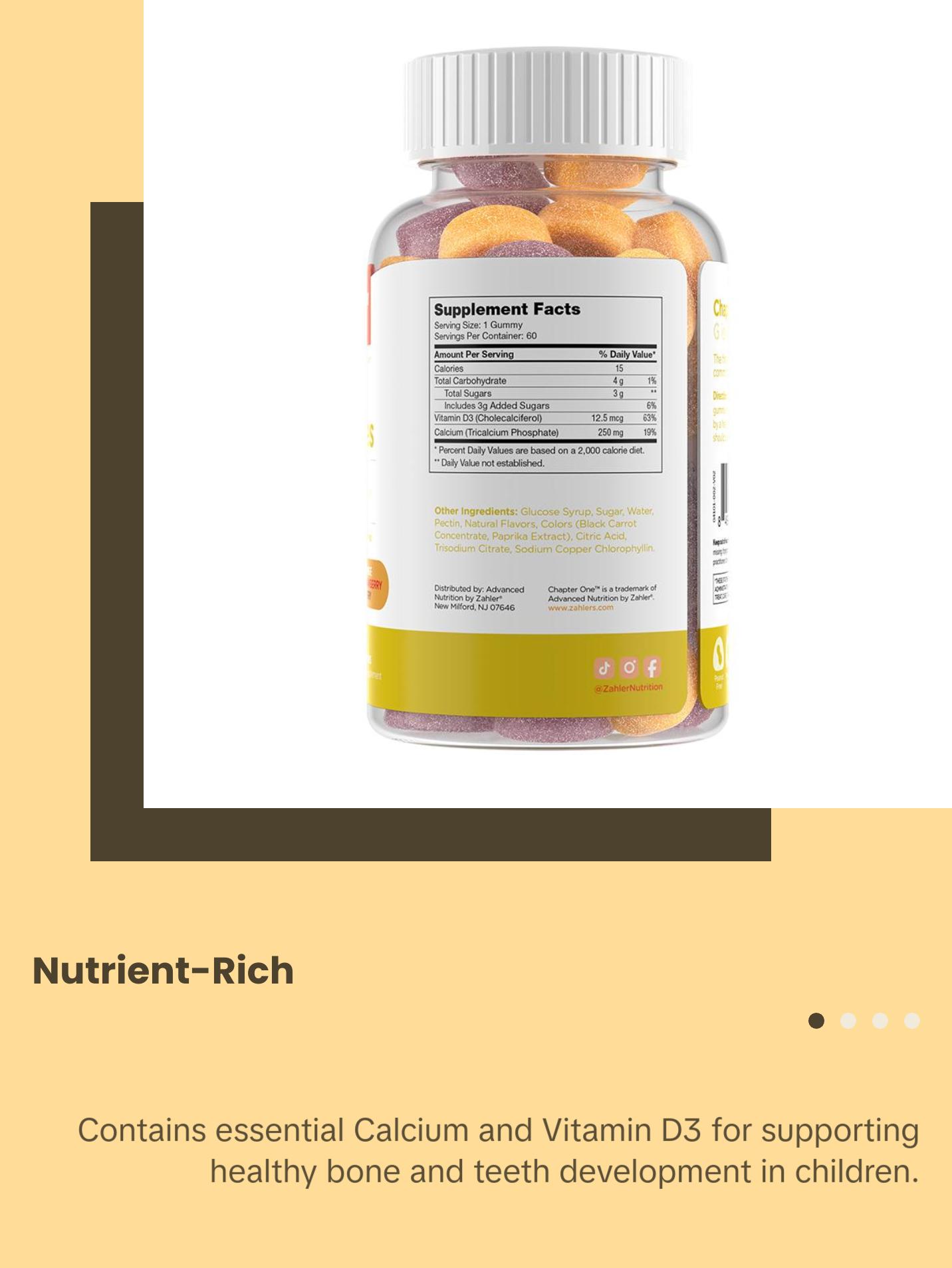 Zahler Bones Gummies - Natural Vitamin D3 & Calcium Gummy for Kids - Orange Strawberry Cherry Flavor - 60 Count Bottle - Kosher Healthcare Supplement