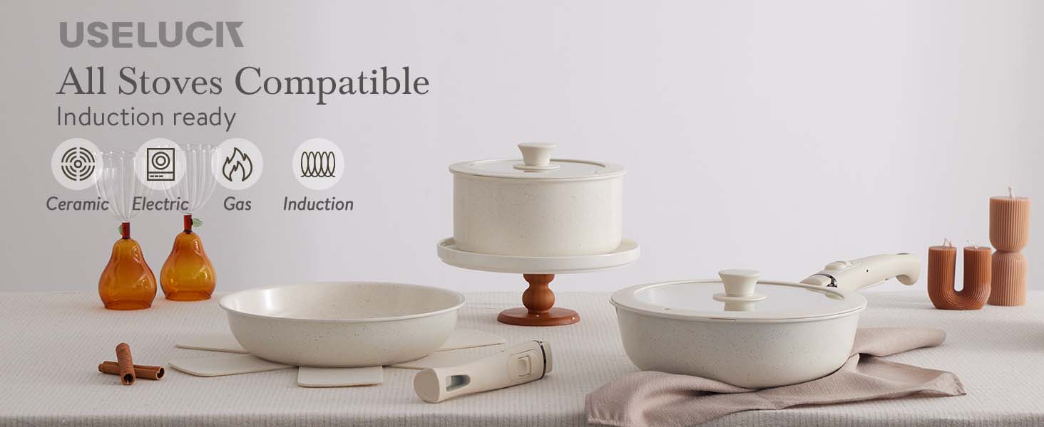 USELUCK 21-Piece Non-Stick Cookware Set with Hanging Rack, Removable Handles for Camping & Baking, Stackable Oven Safe RV Friendly Cookware, Multiple Colors and Combinations Available