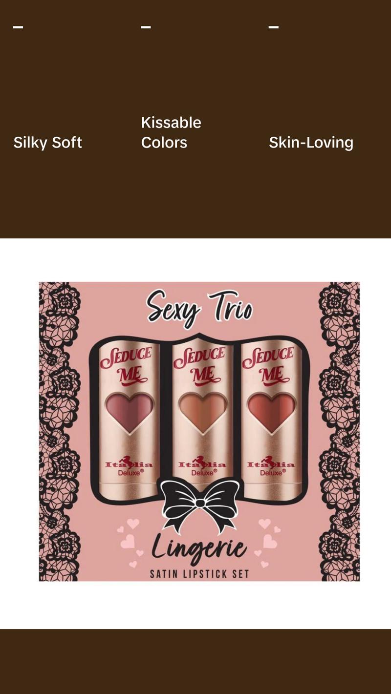 Italia Deluxe Sexy Trio Satin Lipstick Set - Silky Soft Moisturizing Lipsticks in Assorted Colors - Affordable Makeup Cosmetic Italia Deluxe Sexy Trio Satin Lipstick Set - Silky Soft Moisturizing Lipsticks in Assorted Colors - Affordable Makeup Cosmetic