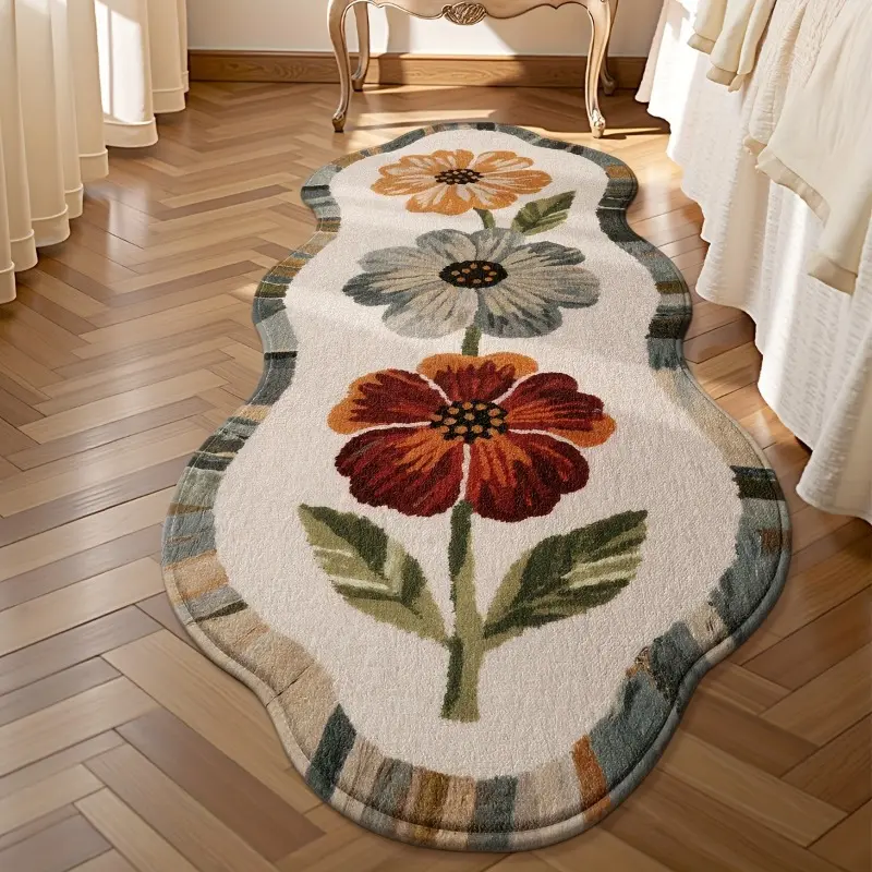 Retro oil painting style flower bedroom bedside special-shaped strip carpet, Floral area rugs, pastoral style floral living room decoration irregular carpet American country study leisure room carpet light luxury cloakroom bay window non-slip floor mat