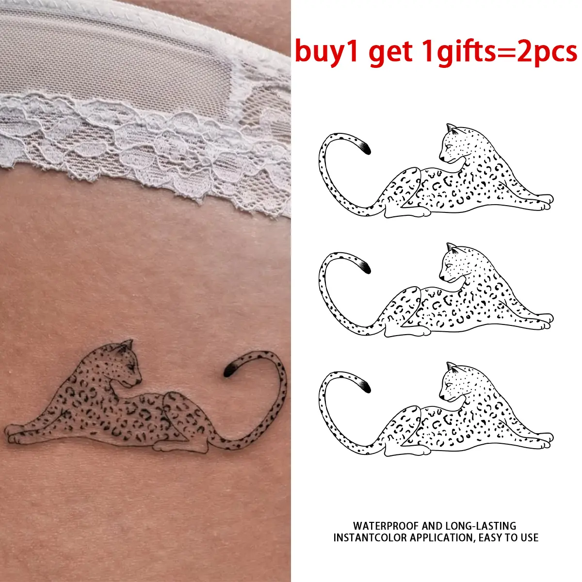 Lying Leopard Animal Outline Thigh Temporary Tattoo Stickers - 2 Sheets Semi-Permanent Waterproof Realistic Minimal Fake Tattoos, Body Art Decals for Women Girls, All Skin Types Perfect for Party, Beach, Daily Wear