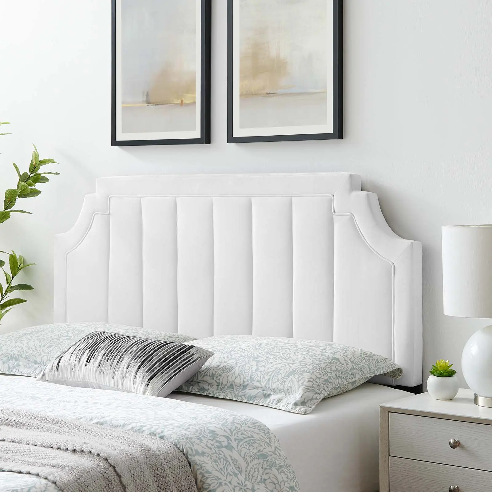 Modway Alyona Adjustable Tufted Upholstered Headboard - King/Cal King Fit, White Performance Velvet, French Piping Detail, Sittable Padding, Vertical Tufting, Luxurious Texture, 3 Mounting Positions, for Modern Bedrooms