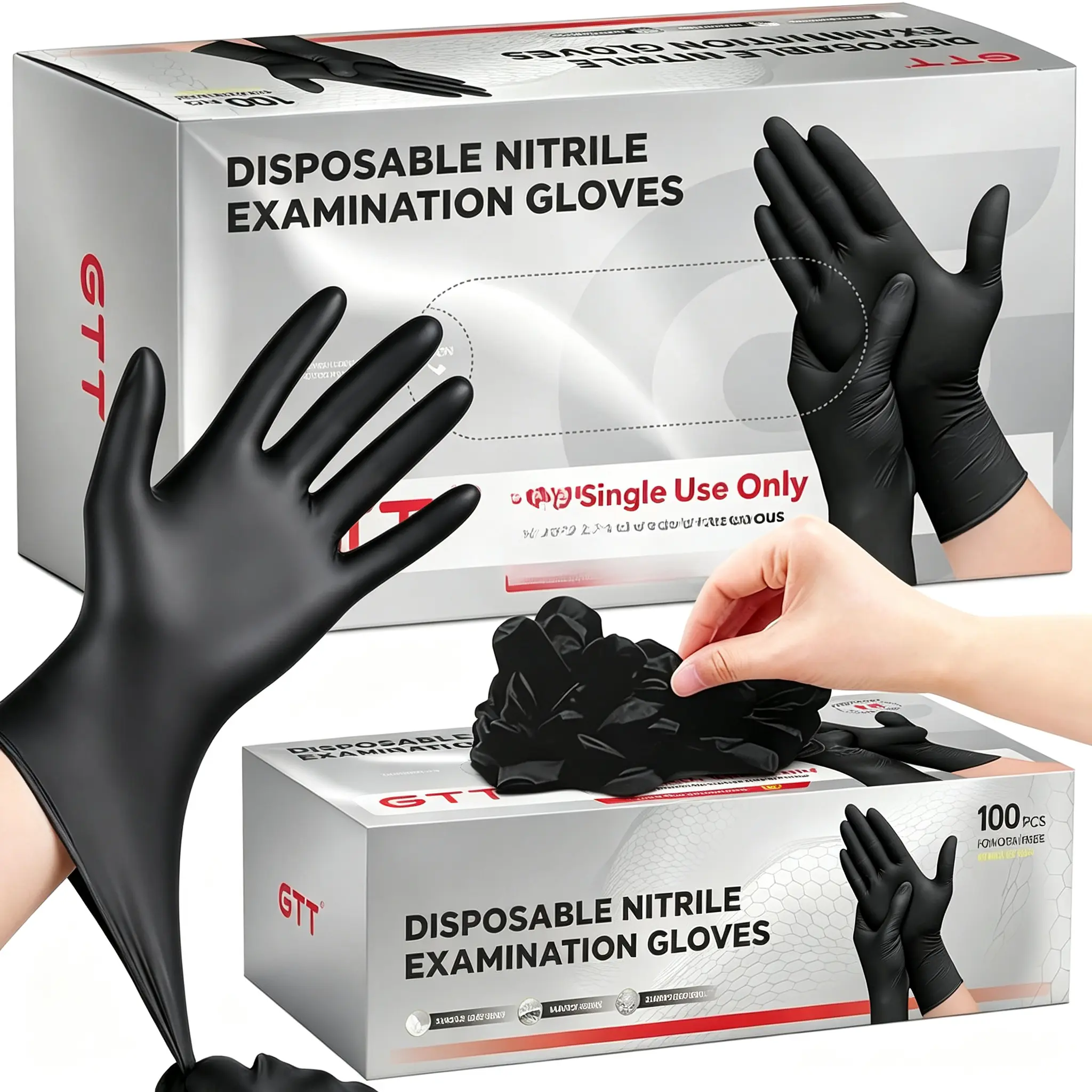 GTT Black Nitrile Exam Gloves, 200 Pcs, 5.5 Mil Powder-Free Latex-Free Anti-Allergic Multi-Purpose Gloves for Kitchen, Household Cleaning Food Prep, Medical First Aid,Back‑to‑School for Science Lab & Art Class