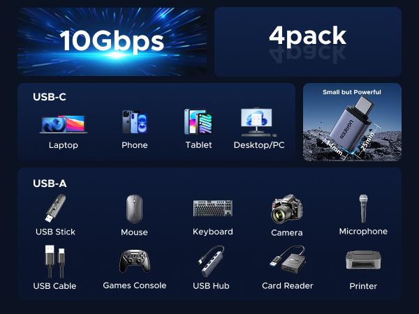 UGREEN USB C to USB Adapter 4 Pack, 10Gbps USBC Male to USB 3.2 Female Adapter, Type C USB C Adapter for MacBook Pro,iMac,iPhone 17 16 15 Pro Max,iPad mini Pro, Thunderbolt 4, Samsung Galaxy