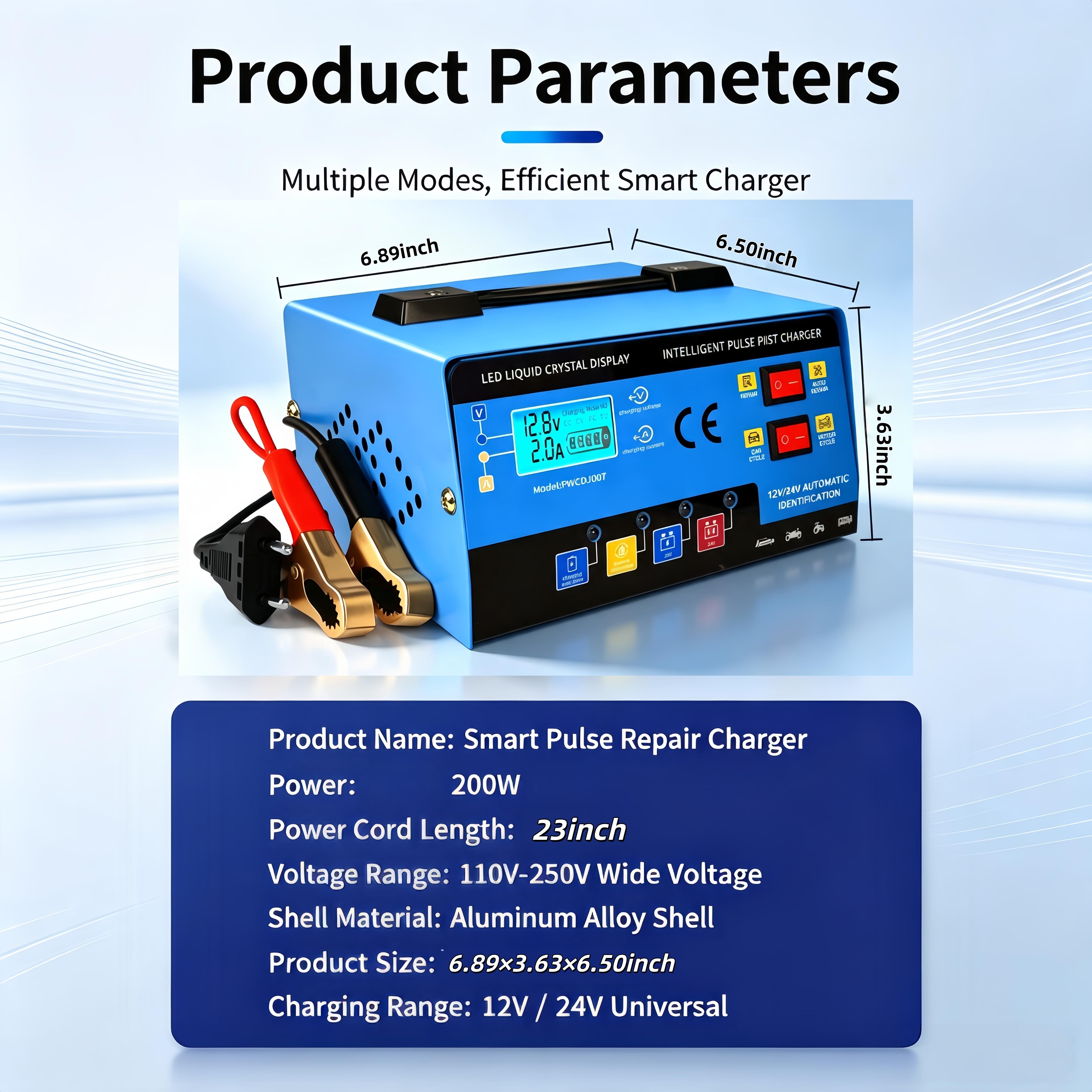 12V-24V Compact Plug-In Smart Pulse Multi-Vehicle Battery Charger Unit with LCD Display, Auto-Detect Desulfator, Full Charge Auto-Stop, Multi Safety Protection, Kill Switch, Extension Cable for Cars/Motorbikes， power， alternator tester