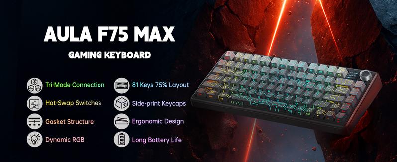 Aula F75 MAX Wireless Mechanical Keyboard with TFT Screen and Knob, Gasket Gaming Keyboard in 75% Layout, Hot Swappable, RGB Backlight, for  Multimedia ScrolWheel, creamy keyboards