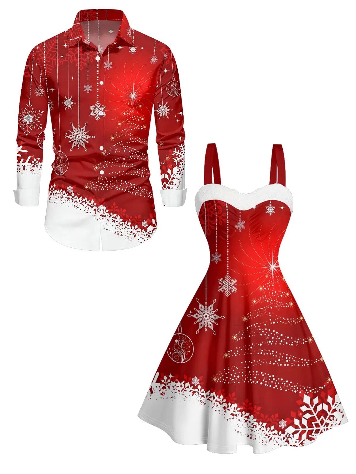 DRESSLILY 2025 Christmas Couple Outfit Women's Colorblock Snowflake Print Faux Fur Dress and Men's Long Sleeve Shirt Couple Set Matching Outfits