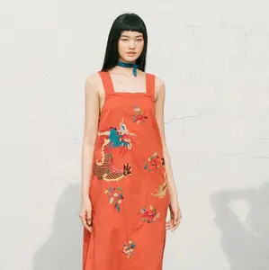 “Dreaming Dragon” Embroidered Linen Dress in Brick color