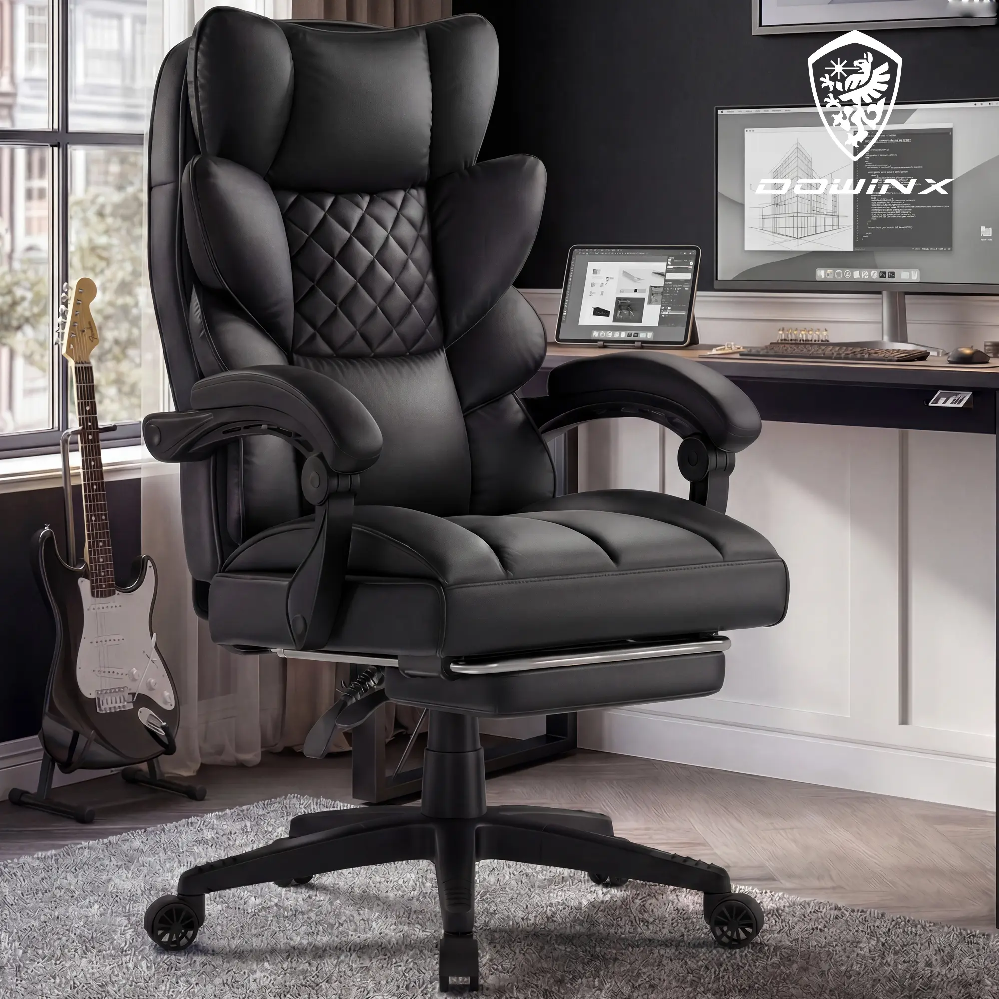 【Deals for you】Dowinx Big and Tall Office Chair with Pocket Spring Cushion,High Back Computer Gaming Chairs with Linkage Armrests,Executive Desk Chairs with Footrest,PU Leather