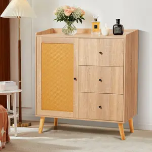 EROMMY Boho Rattan Buffet Cabinet with 3 Drawers – Modern Sideboard Storage Cabinet for Living Room or Dining Room