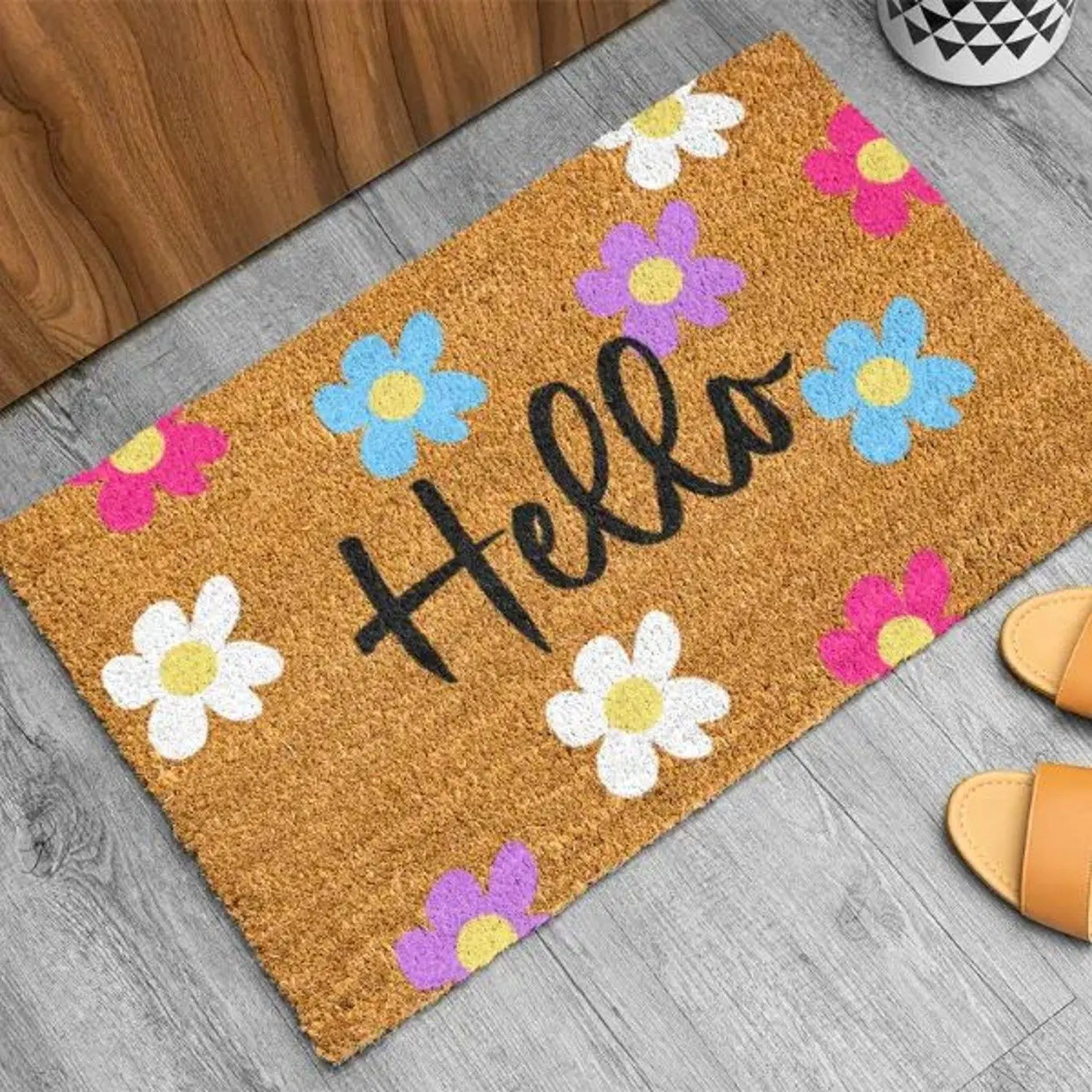 Hello Doormat, Spring Doormat, Cute Spring Door mat, Welcome Mat, Purple & Blue Flower