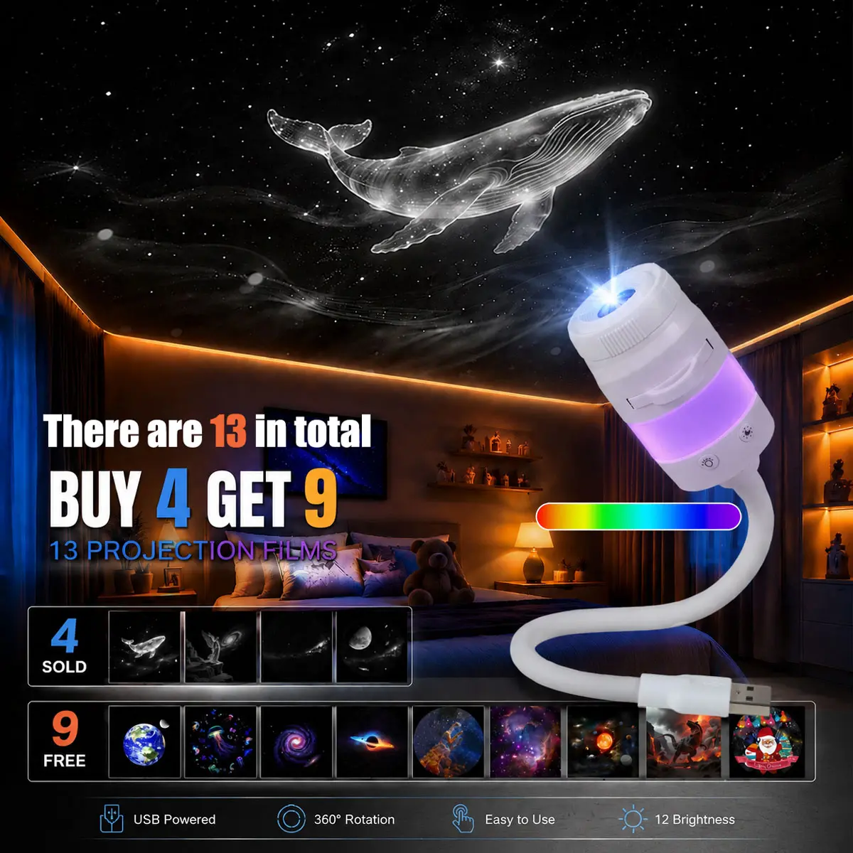 13-in-1 USB Star Sky Projector Lamp, Mini Galaxy Night Light for Bedroom, Romantic Room Decor, Kids Room, Dorm Room & Indoor Space, Perfect Birthday & Holiday Gifts for Kids, Teens, Friends