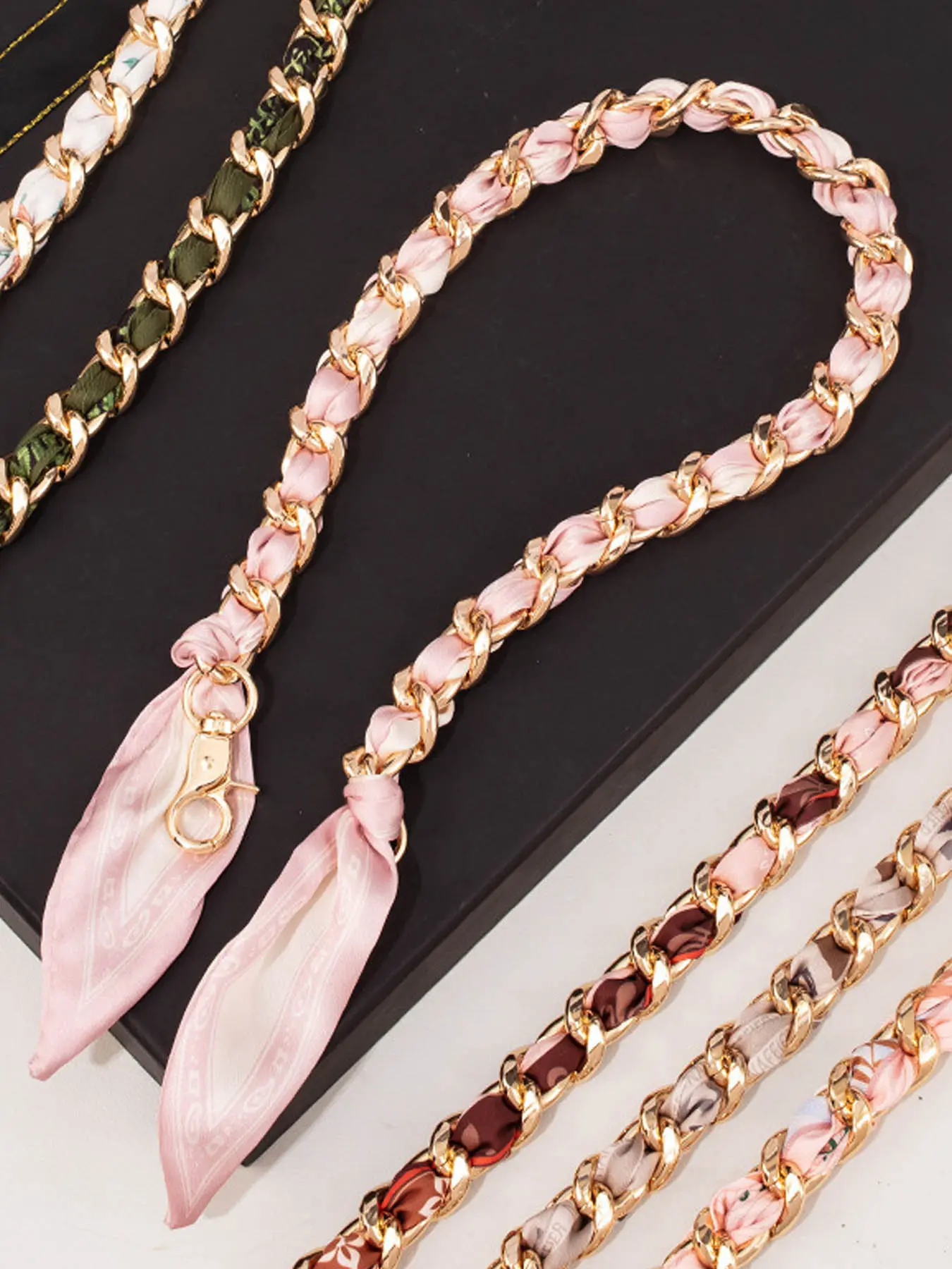 Polka Dot Silk-Chain Purse Strap-Elegant Scarf-Inspired Bag Extender with Gold Chain for Shoulder or Crossbody Bags, Fashionable Chain Strap, Purse Accessories