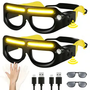 2-Pack Rechargeable Motion Sensor LED Glasses Headlamp 5 Modes USB-C Lighted Eyewear for Running Camping Fishing Cycling Hiking Hands-Free Light IPX5 Waterproof Ultra-Lightweight