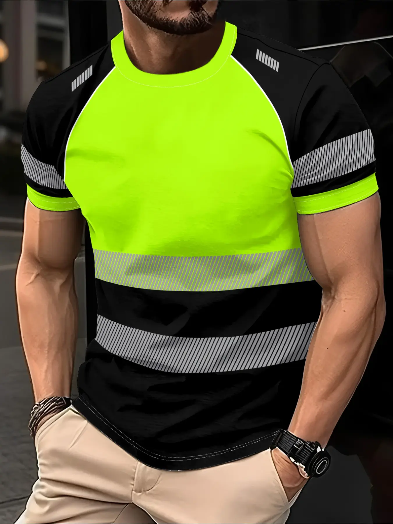 Men's Casual Summer Workwear-Style Printed Reflectors Safety Black and Neon Green Round Neck Short-Sleeve T-shirt, Machine Washable, Lightweight and Breathable Durable Fabric Top