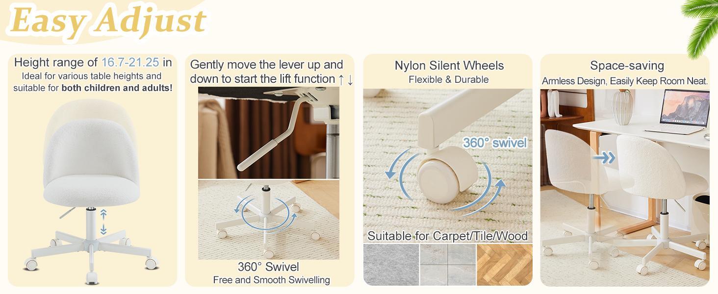 VINGLI Candy Chair Armless Cute Desk Chair,Comfy Small Office Chair with Wheels,Vanity Chair with Lumbar Support,Teddy Adjustable Rolling Swivel Computer Task Chair for Home Office,Bedroom VINGLI Candy Chair Armless Cute Desk Chair,Comfy Small Office Chair with Wheels,Vanity Chair with Lumbar Support,Teddy Adjustable Rolling Swivel Computer Task Chair for Home Office,Bedroom