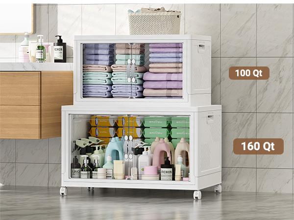 Broview V20 300QT/400QT/640QT Extra Large Stackable Storage Bins, Clear Plastic Closet Organizer Cabinet with Lid and Wheels, Collapsible Latch Boxes Folding Drawer with Door for Home Kitchen Room Organization