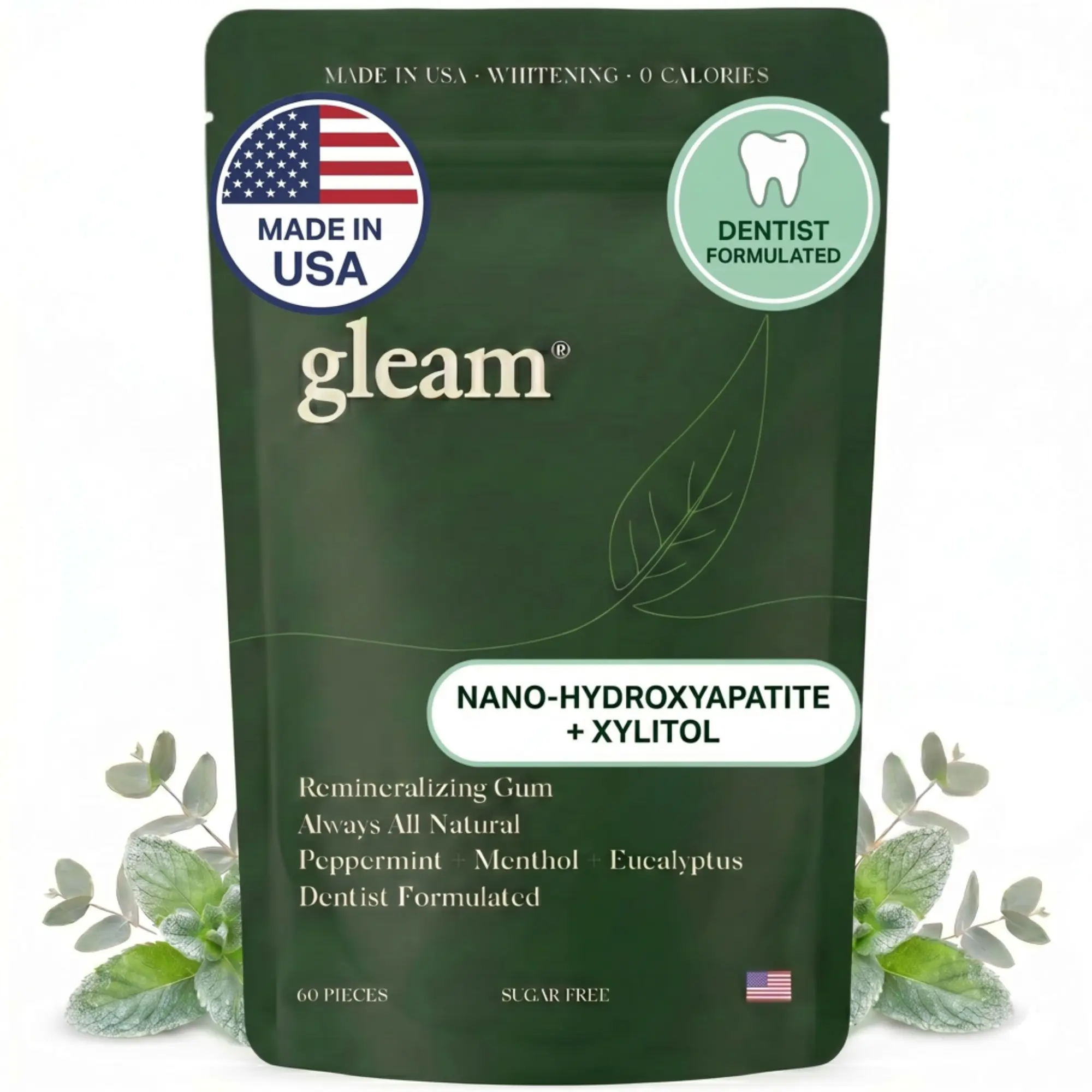 Gleam Remineralizing Gum – Strengthens Enamel, Fights Cavities & Supports Gum Health | Nano-Hydroxyapatite + Xylitol | Dentist-Formulated Sugar-Free Natural Mint Chewing Gum, Made in USA – 60 Pieces