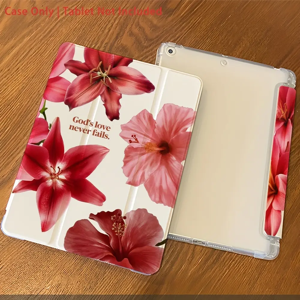 Scarlet hibiscus and lily design with God's love and English proverbs. Floral pattern, adjustable stand and pen holder, foldable non-slip TPU protective case, suitable for Samsung, iPad mini, iPad Air, iPad Pro/iPad 10th and 11th generation iPads.