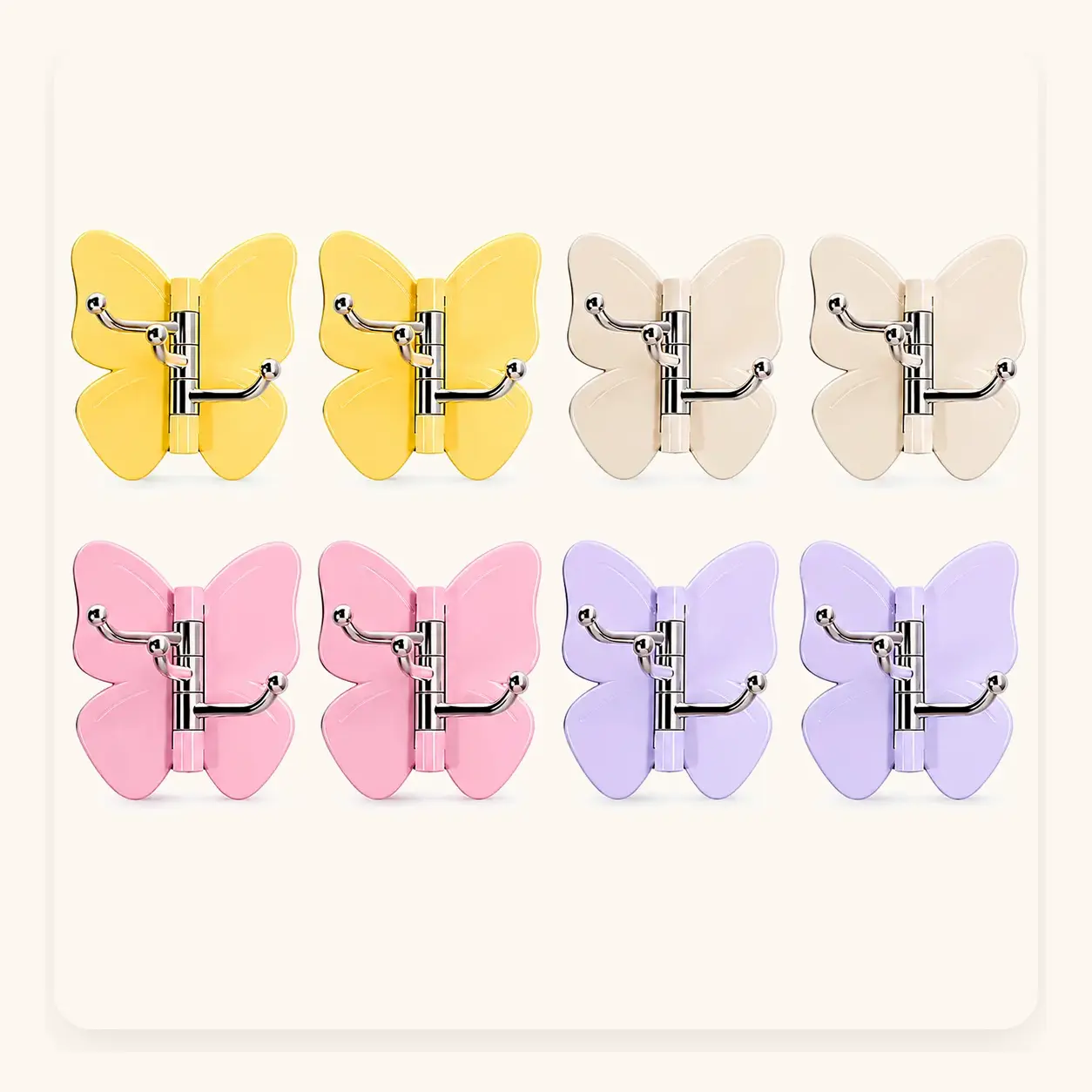Lavender Decorative Metal 8-Piece Adjustable Rotatable Butterfly Triple Hook Set - No-Drill Adhesive Installation, 270° Foldable Wall Organizer for Flat Surfaces, Cabinet Storage (Ready-to-Ship)