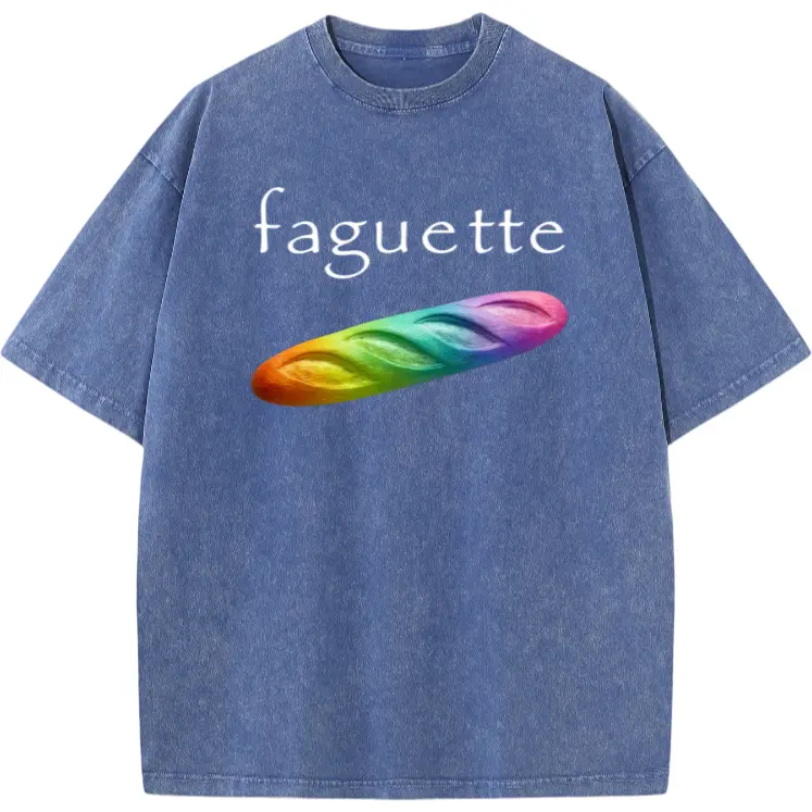 Humorous Baguette-Themed Washed T-Shirt – Round Neck Tee, Perfect Valentine’s Day Gift for Men and Couples