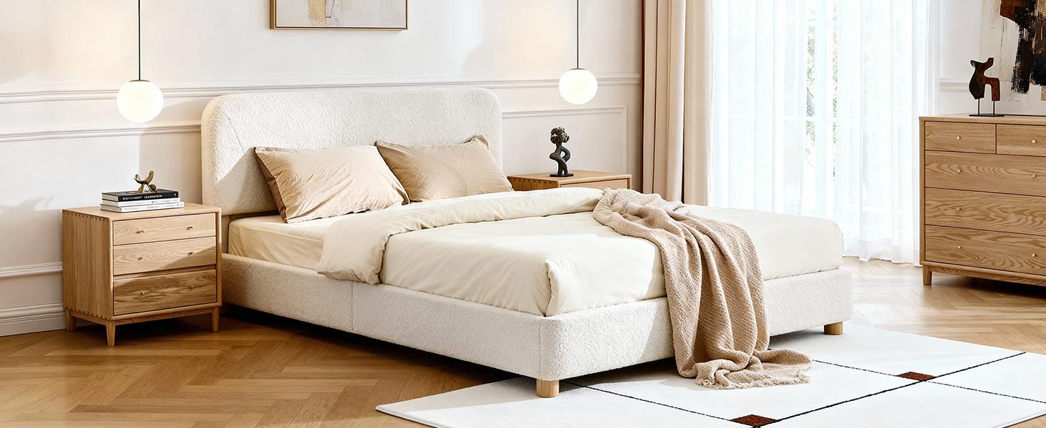 BERRY NEST Queen Size Boucle Bed Frame, Upholstered Cloud Bed Frame with Comfortable and Adjustable Headboard, Solid Wood Legs, Rounded Corners Design & Easy Assembly – Modern Cream Platform Bed, No Mattress, No Noise, Full
