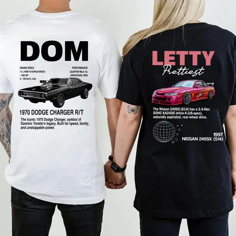 2-Sided Letty and Dom Car Lover Couple Matching T-Shirt, Sweatshirt, Hoodie, Cute Boyfriend Girlfriend Matching Tee, Husband Wife Gift, His and Her Matching Cars Movie Shirt, Men & Women