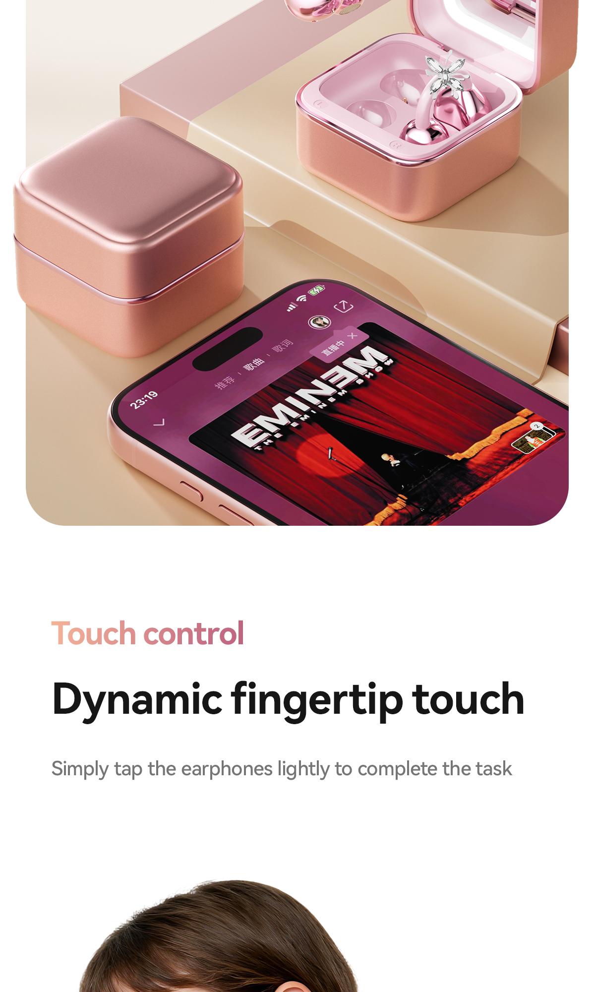 CHENRUIDA Mini Square Wireless Bluetooth Earphones  Features a built-in makeup mirror and fill light, portable makeup tool, 360° panoramic sound effect + active noise cancellation, soft silicone ear tips for comfortable wear, and extra-long battery life.