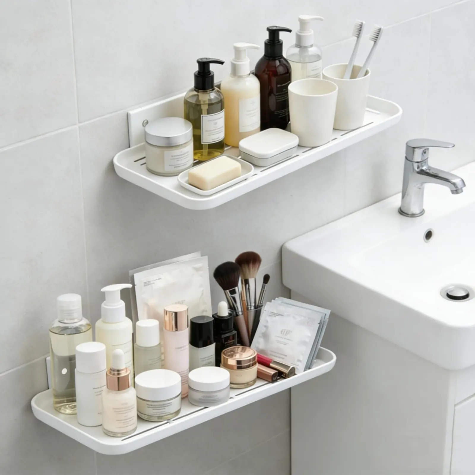 2-Pack White No-Drill Self-Adhesive Wall-Mount Floating Shelves - Indoor Renter-Friendly Bathroom Storage Organizers for Toiletries, Small Room & Kitchen Use
