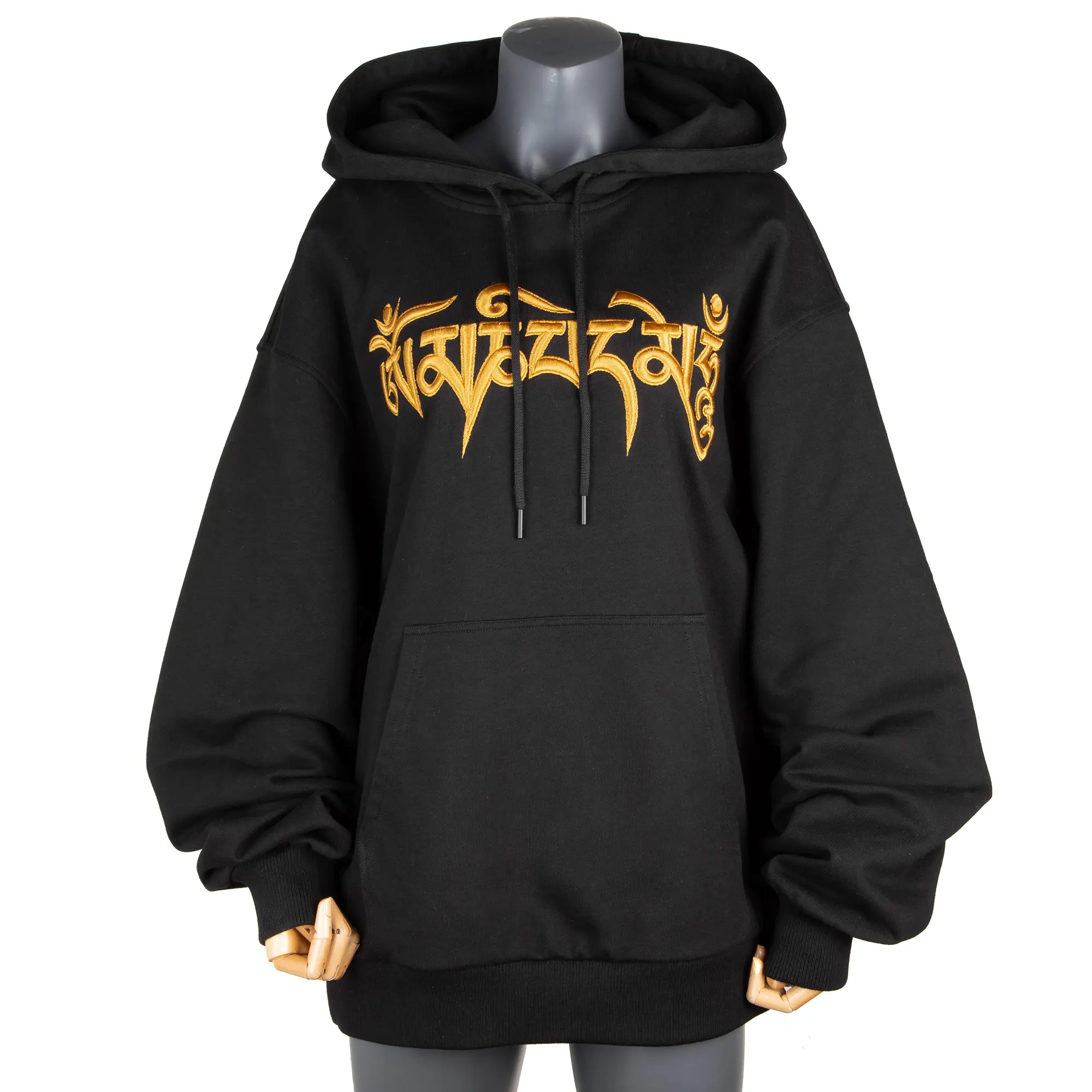 Oversized Pullover Hoodie, Golden Ethnic Script Embroidered Unisex Streetwear Hooded Sweatshirt with Front Kangaroo Pocket