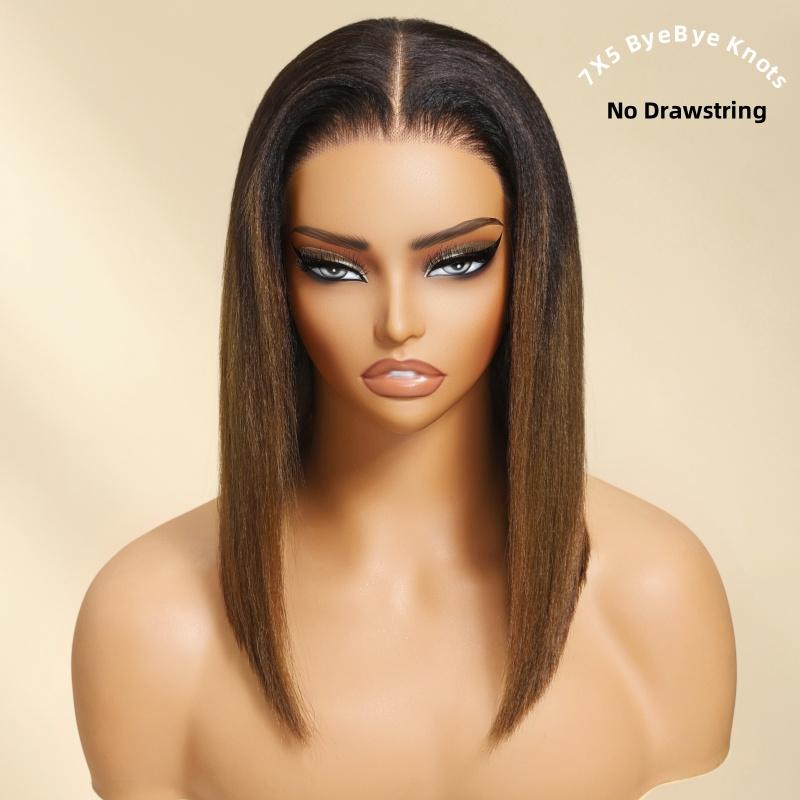 UNice Glueless Ombre Chestnut Brown Yaki Straight Wig with Drawstring Pre Cut 7x5 Lace Human Hair Wigs with Bleached Knots Beginners Friendly Natural Scalp SpringStatements