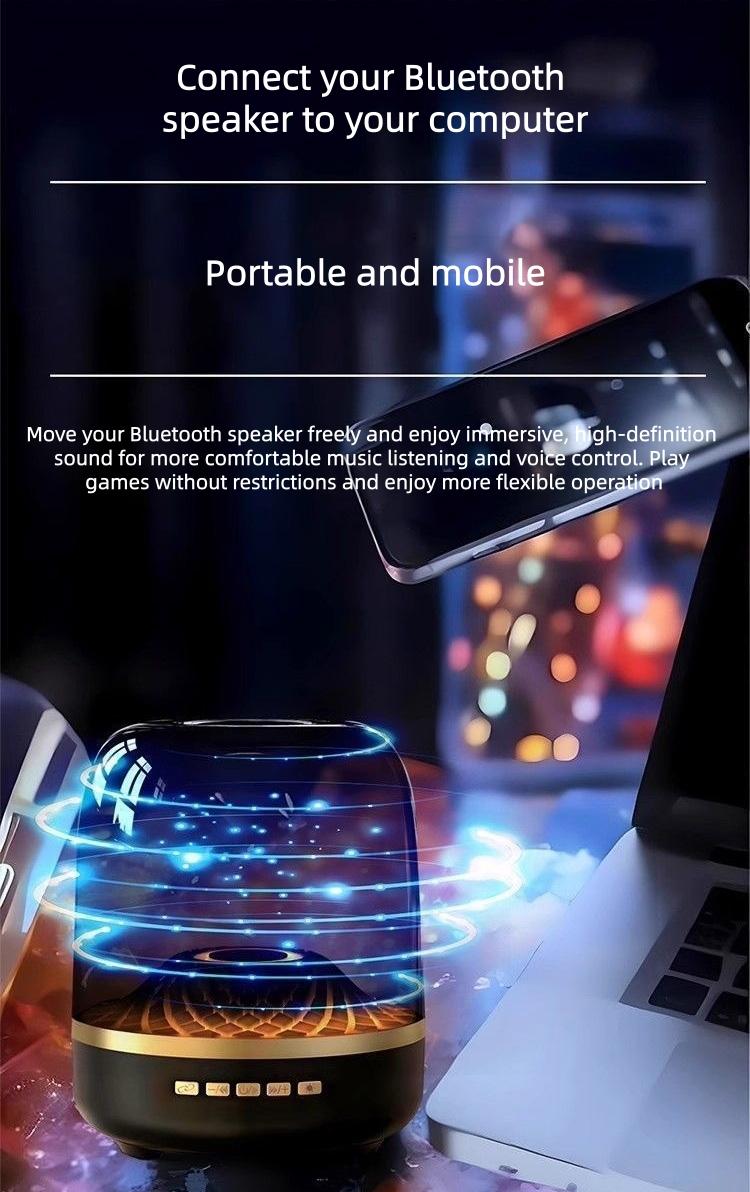 Black and gold Bluetooth speaker, Hi-Res certified, 360° surround sound, 9D deep bass, Bluetooth 5.3, ambient lighting, high-definition vocals, perfect for home theater/gaming and music listening, compatible with all devices