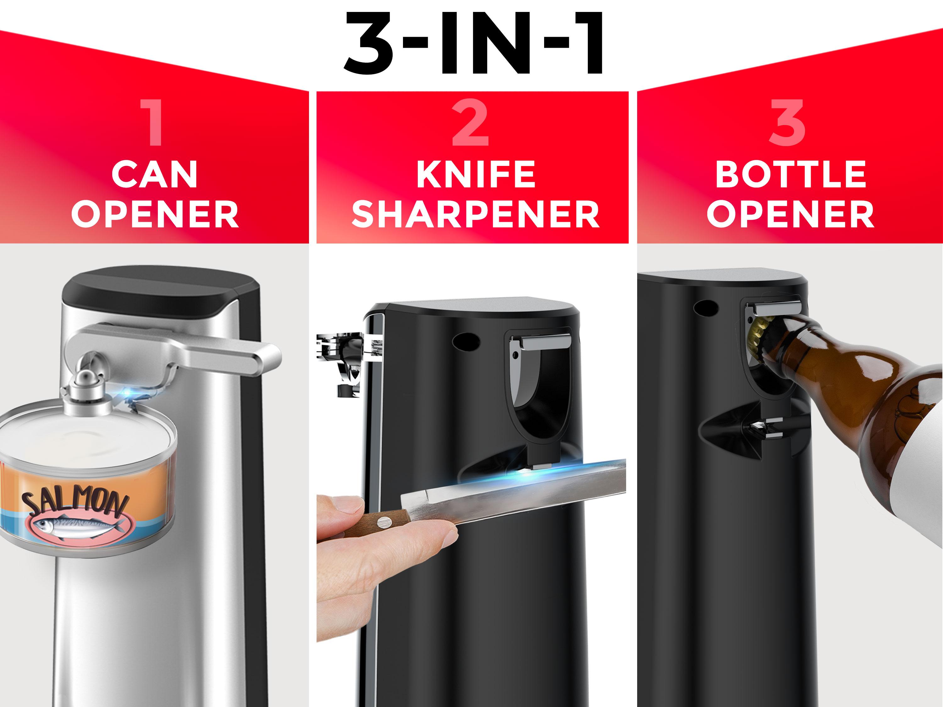 3-in-1 Electric Can Opener w/ Knife Sharpener and Bottle Opener, Stainless Steel & ABS, Kitchen Gadget