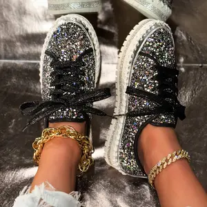 2026 Women Sparkling Sequin Sneakers Casual Low Top Lace Up Round Toe Synthetic Upper White Sole All Season Comfort Shoes