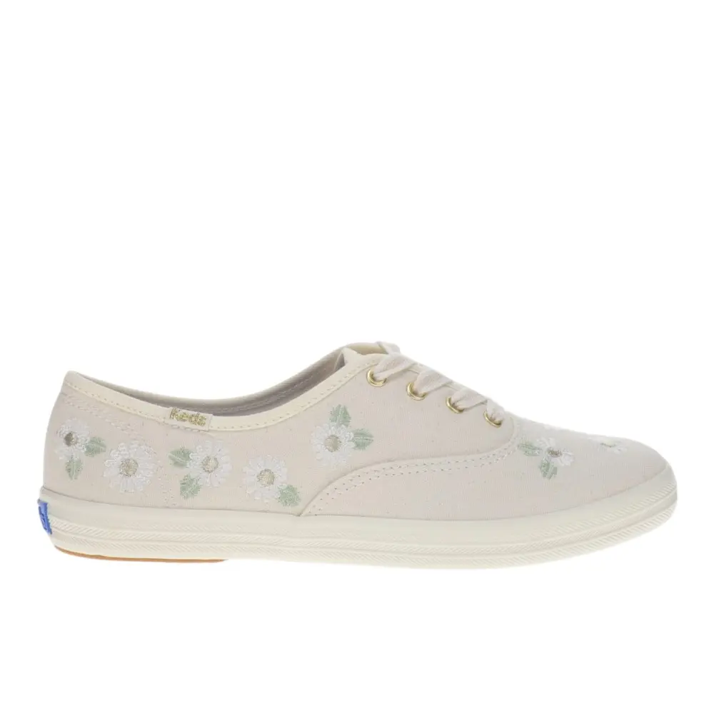 Keds Womens Champion Canvas Floral Embroidered Lace Up Sneakers Shoes Casual - Off White