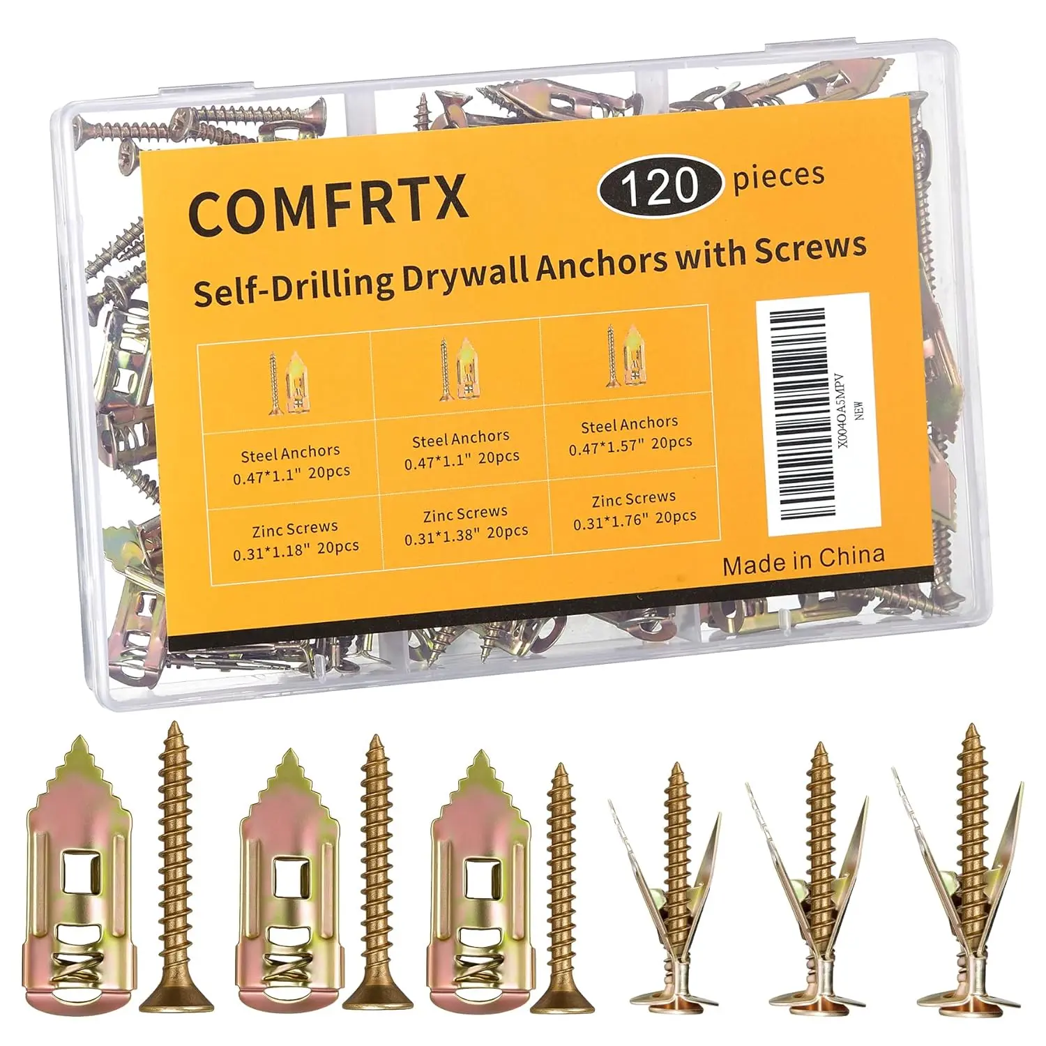 3 Sizes Self Drilling Drywall Anchors with Screws Kit – 120PCS Heavy Duty Metal Expansion Bolts, Sheetrock Anchors & Drywall Grip Anchors and Screws for Shelf, Mirror, Cabinet, Picture Frames Set Self-Drilling