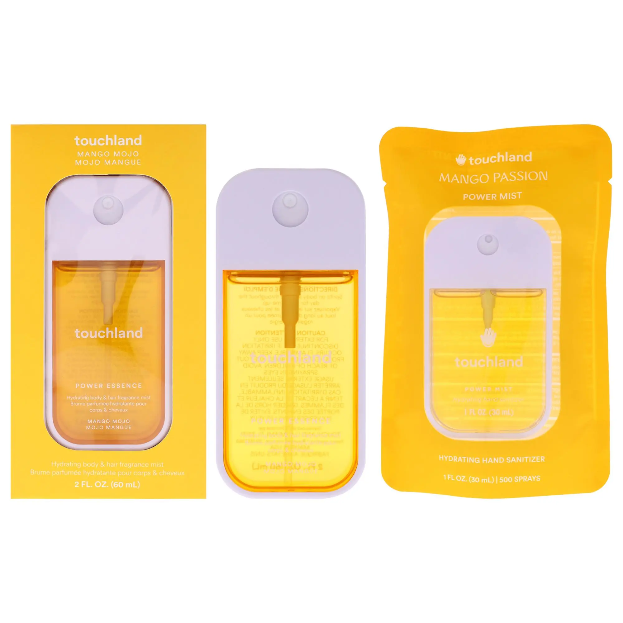Power Mist and Essence Kit by Touchland for Unisex - 2 Pc Kit 2oz Fragrance Mist - Mango Mojo, 1oz Hand Sanitizer - Mango Passion