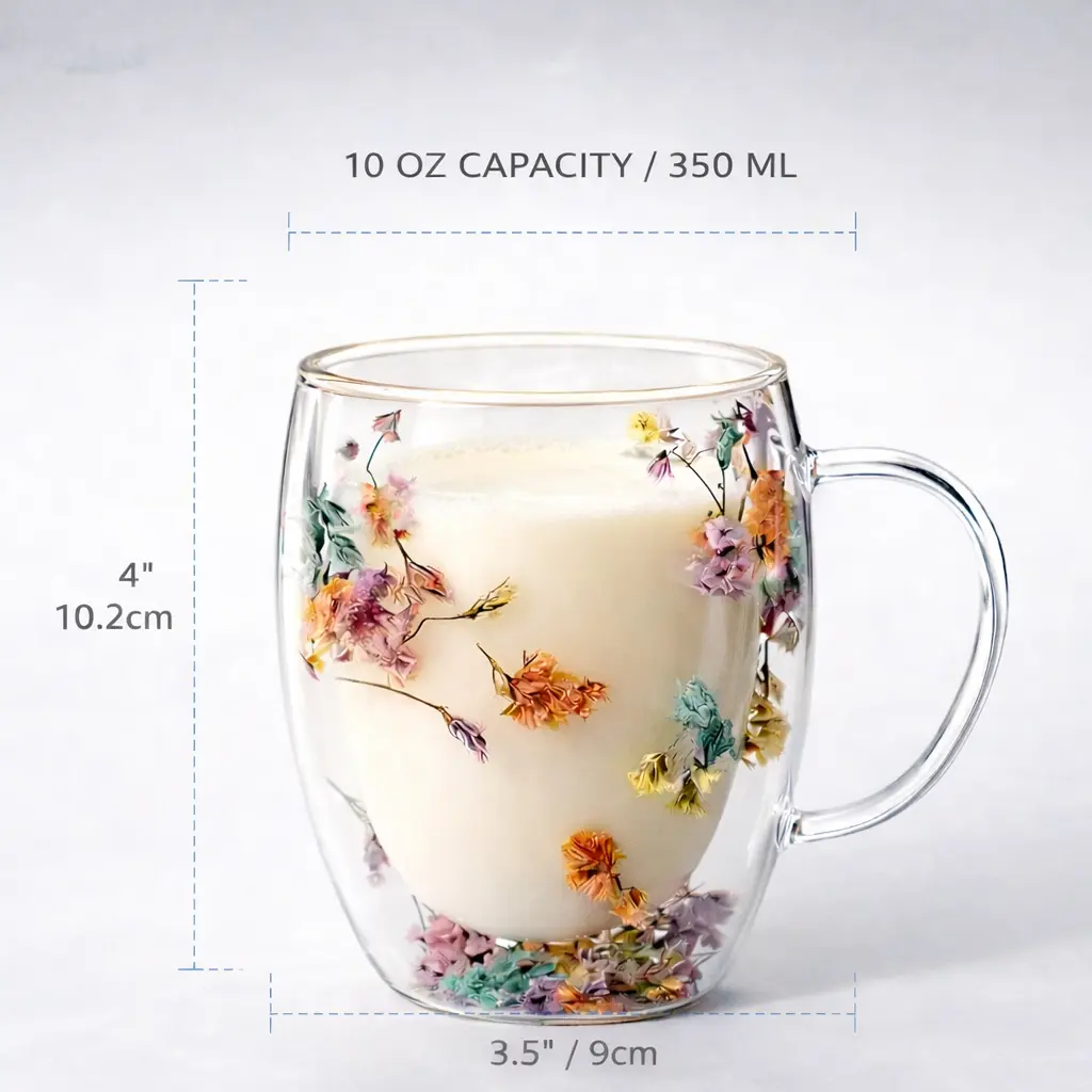Double Walled Glass with Dried Flowers, 350ml Insulated Clear Coffee Cup,  Handmade Floral Glass Cup with