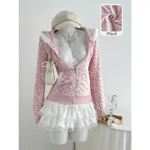 1pc Soft Fleece Leopard Print Zip-Up Hoodie Jacket, Casual Cute Colorblock Design, Suitable For Autumn/Winter, Back To School Season, Leisure & Home Wear For WomenAesthetic Outfits��SustainableFashion��FitCheck