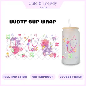 UVDTF floral stethoscope healthcare nurse doctor cup wrap, permanent, waterproof, easy to apply, double side