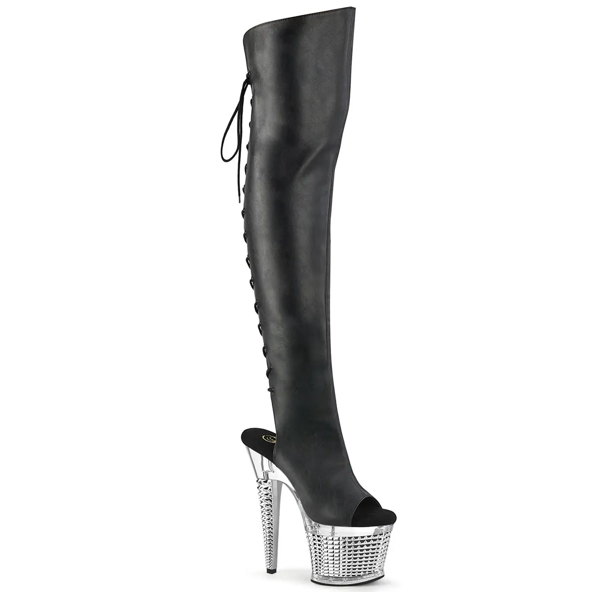 Pleaser Women's Spectator-3019 Synthetic Over-the-Knee Boots with a 7" Heel, 3" Platform, Open Toe, and Lace-Up Back, Footwear
