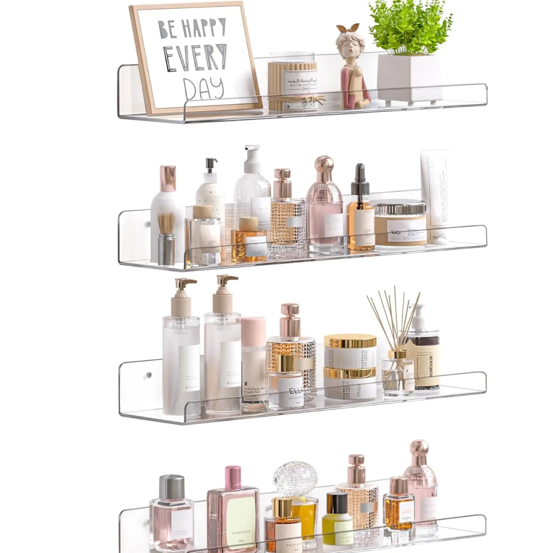 4 Pack 15" Acrylic Floating Wall Shelves, Clear Transparent Storage Organizer for Skincare, Perfume, Cosmetics, Bathroom, Bedroom & Home Décor Display
