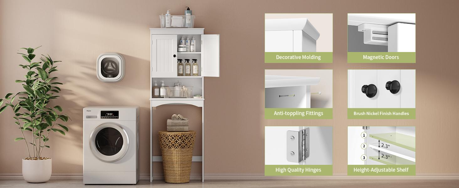 Gizoon Over The Toilet Storage Cabinet with Adjustable Shelf and Double Doors, Bathroom Space Saver Organizer Above Toilet with Open Shelf, Taller Wooden Free Standing Toilet Rack -White