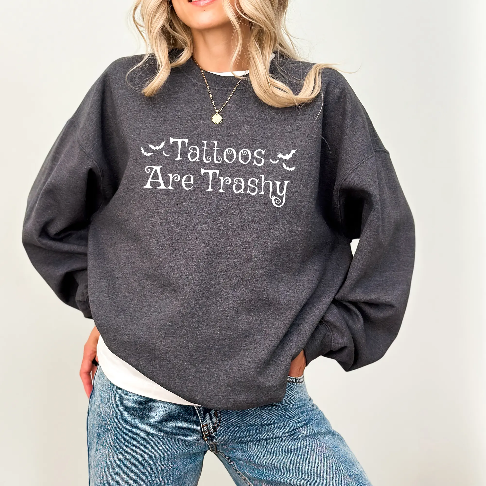 Tattoos Are So Trashy Halloween Sweatshirt, Bat Printed Long Sleeves Pullover, Tatted Mom Unhinged Sweater, Sarcastic Tattooed Women Creneck.