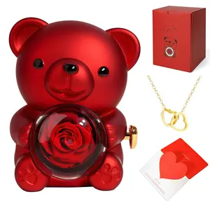 Mother's Day Heart & Bear Design Pendant Necklace with Rose Gift Box Eternal Love Bear Romantic Purple Teddy Bear with Preserved Rose & Necklace in Elegant Gift Box for Women Valentine's Day Weddings Anniversaries Birthdays Purple,Red,Pink