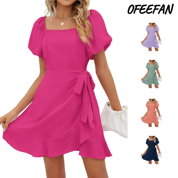 OFEEFAN Womens Summer Dresses Square Neck Puff Sleeve Tie Waist Short Dress SwimWeek