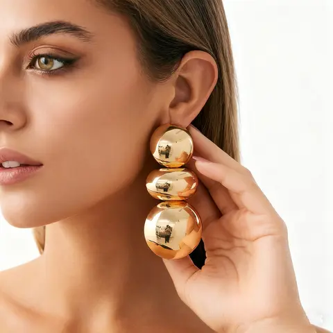 Women's Plus Size Chunky Geometric Metallic Orb Earrings - Female Fashion Costume Jewelry, Casual Contemporary Style Stacking Set, Metal Gives a Solid Luxe Feel, Metallic Finish, Polished Reflective Shine, Lightweight for Parties