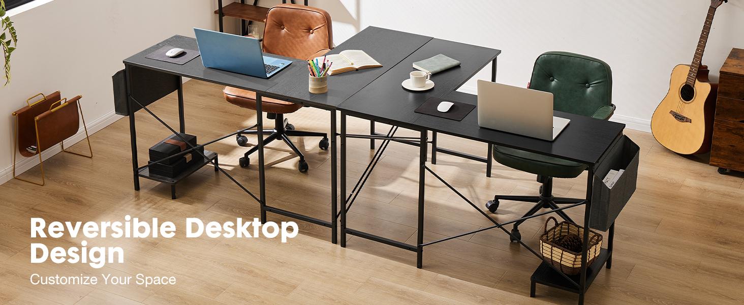 L Shaped Computer Desk with Wooden Desktop CPU Stand and Side Bag - Gaming Table Corner Desk for PC Writing Study Home Office Dorm Small Space - Desk with Reversible Design