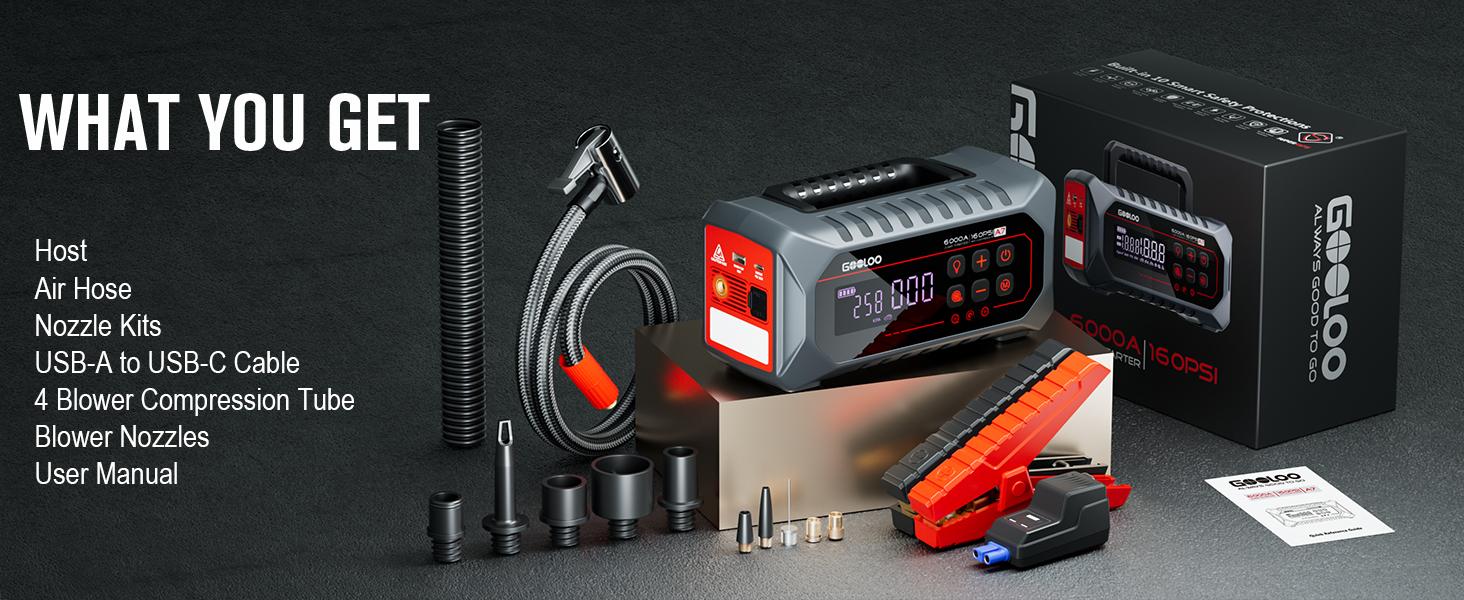 GOOLOO A7 10-in-1 6000A Car Jump Starter with Air Compressor (All Gas & 10 Disel), Multifunctional 160 PSI Smart Auto-Shutoff Tire Inflator & Portable Air Pump with Inflate 350L/min & Deflate 70L/min